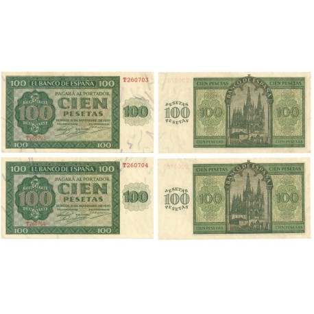 [1936] Billete de 100 Pesetas (x2) (MBC). Serie T. Pareja correlativa.