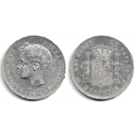 Alfonso XIII. 1896*(18-96). 5 Pesetas (MBC/MBC+) (Plata) Ceca de Madrid PG-V