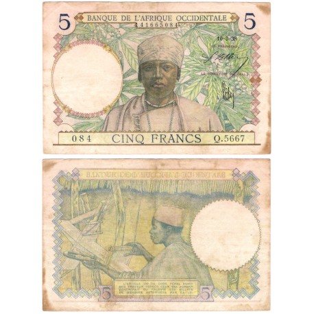 (21) Africa Occidental Francesa. 1938. 5 Francs (MBC) Manchas