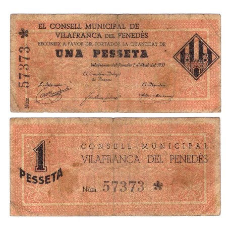 Vilafranca del Penedés. 1937. 1 Peseta (BC) Manchas