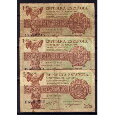 España (II República). 1937. Lote de 3 Billetes de 1 Peseta (BC) Serie A y B