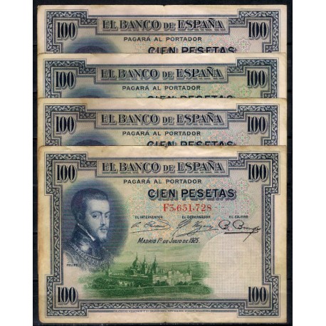 España. 1925. Lote de 4 Billetes de 100 Pesetas (MBC/MBC-) Serie F