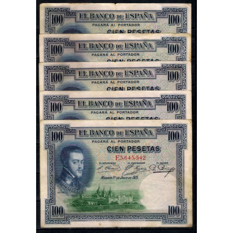 España. 1925. Lote de 5 Billetes de 100 Pesetas (MBC/MBC-) Serie E