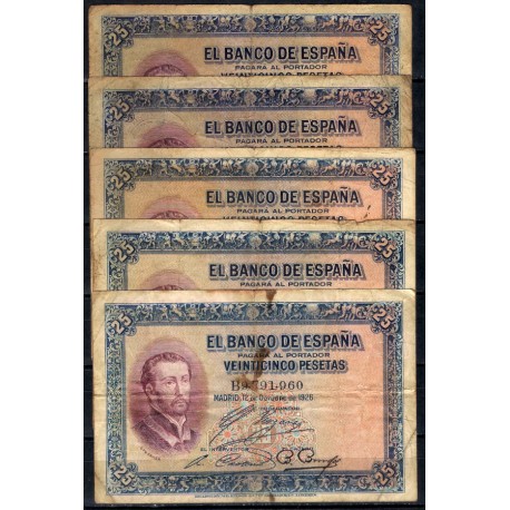 España. 1926. Lote de 5 Billetes de 25 Pesetas (BC) Diferentes Series. Roturas y manchas