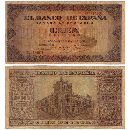 Estado Español. 1938. 100 Pesetas (BC+/MBC-) Serie D. Pequeñas roturas y mancha