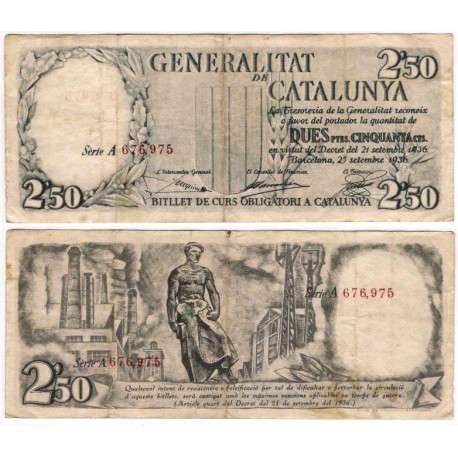 Generalitat de Cataluña. 1936. 2,50 Pesetas (MBC-) Serie A (Rojo). Manchas