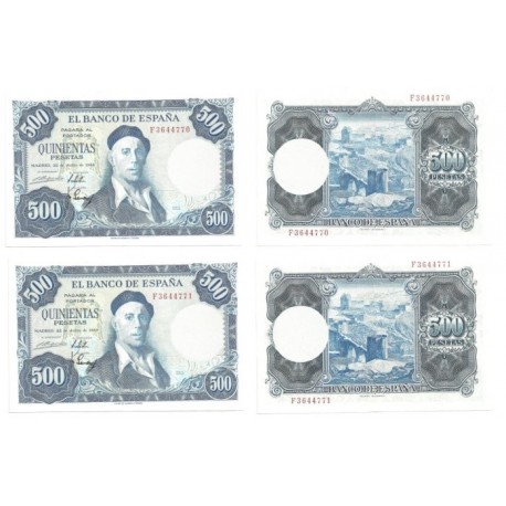 [1954] Billete de 500 Pesetas (x2) (EBC). Serie F. Pareja correlativa.