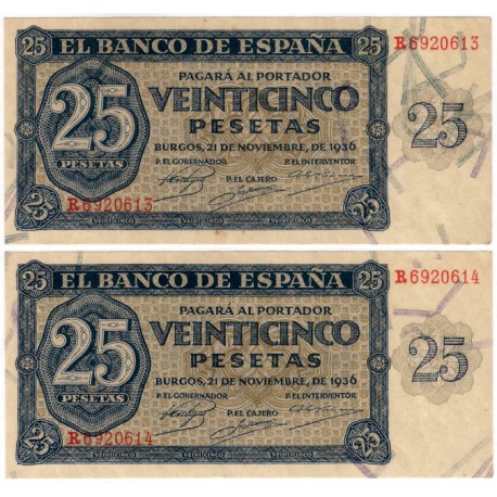 Estado Español. 1935. 25 Pesetas (SC) Serie R. Pareja Correlativa