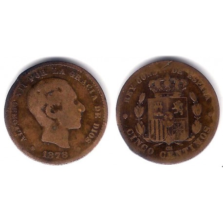 Alfonso XII. 1878. 5 Céntimos (BC/BC-) Ceca de Barcelona OM