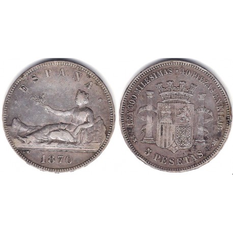 Gobierno Provisional. 1870*(18-70). 5 Pesetas (BC+) (Plata) Ceca de Madrid SN-M