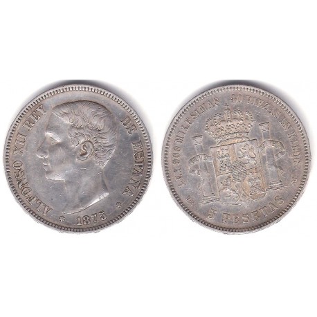 Alfonso XII. 1875*(18-75). 5 Pesetas (BC+/MBC-) (Plata) Ceca de Madrid DE-M