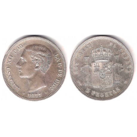 Alfonso XII. 1877*(18-77). 5 Pesetas (MBC/MBC+) (Plata) Ceca de Madrid DE-M