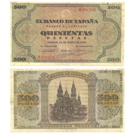 Estado Español. 1938. 500 Pesetas (MBC-) Serie A. Leve rotura en doblez central