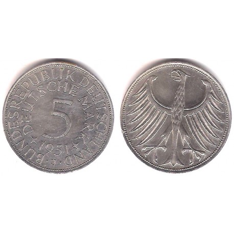 (112.1) Alemania. 1951(J). 5 Mark (MBC+) (Plata)