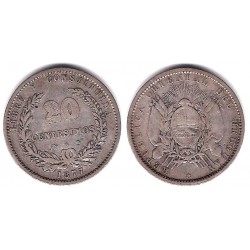 (15) Uruguay. 1877A. 20 Centesimos (BC+) (Plata)