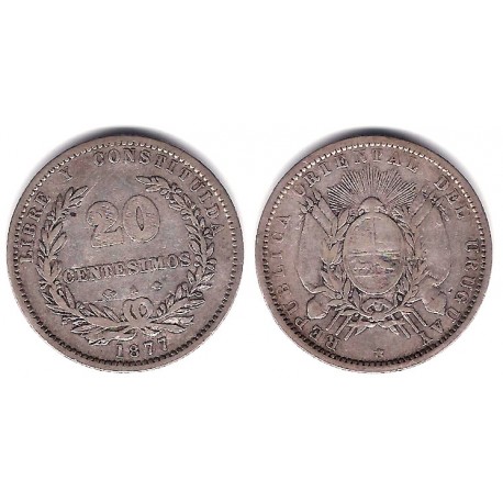 (15) Uruguay. 1877A. 20 Centesimos (BC+) (Plata)