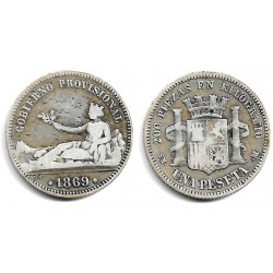 Gobierno Provisional. 1869. 1 Peseta (BC) (Plata) Ceca de Madrid SN-M. Resello de Estrella en Escudo