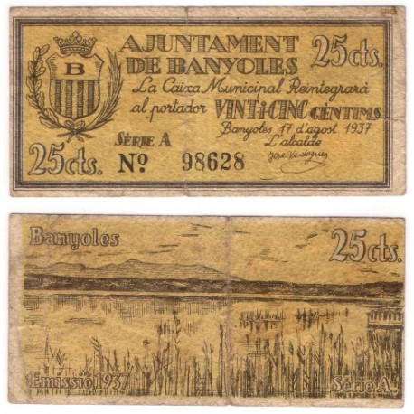 Banyoles. 1937. 25 Céntimos (BC+)