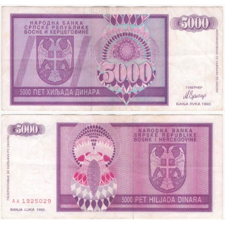 (138a) Bosnia-Hercegovina. 1992. 5000 Dinara (MBC+)