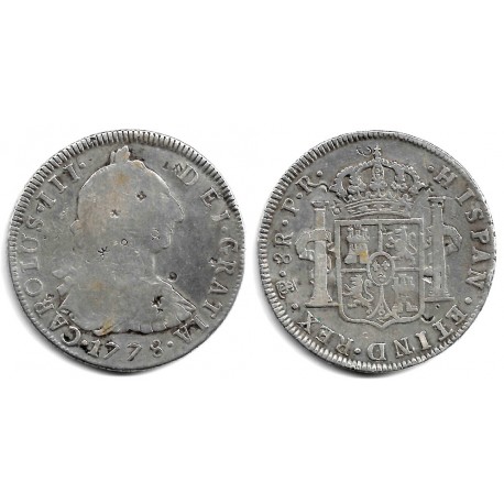 Carlos III. 1778. 8 Reales (BC) (Plata) Ceca de Potosí PR. Resellos Chinos