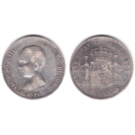 Alfonso XIII. 1891*(---91). 5 Pesetas (BC/BC+) (Plata) Ceca de Madrid PG-M