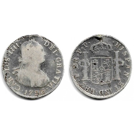 Carlos IV. 1796. 2 Reales (BC+/BC) (Plata) Ceca de Potosí PP. Soldadura en Plata