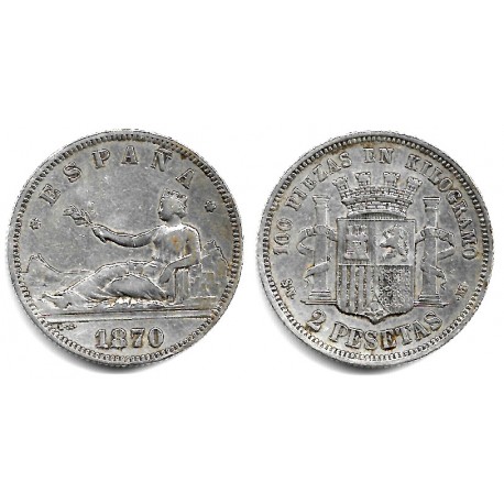 Gobierno Provisional. 1870*(18-74). 2 Pesetas (MBC-) (Plata) Ceca de Madrid DE-M