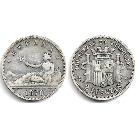 Gobierno Provisional. 1870*(18-73). 2 Pesetas (BC/BC+) (Plata) Ceca de Madrid DE-M