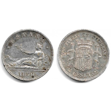 Gobierno Provisional. 1870*(18-73). 2 Pesetas (MBC+) (Plata) Ceca de Madrid DE-M