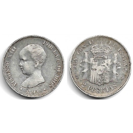 Alfonso XIII. 1892*(1--92). 2 Pesetas (BC+/BC) (Plata) Ceca de Madrid PG-M