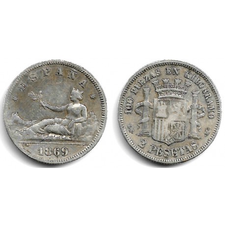 Gobierno Provisional. 1869*(18-68). 2 Pesetas (MBC-) (Plata) Ceca de Madrid SN-M. Variante