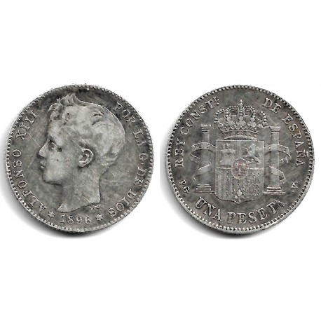 Alfonso XIII. 1896*(18-96). 1 Peseta (BC) (Plata) Ceca de Madrid PG-V