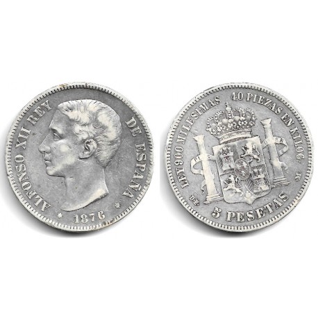 Alfonso XII. 1876*(---76). 5 Pesetas (BC) (Plata) Ceca de Madrid DE-M