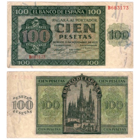 Estado Español. 1936. 100 Pesetas (MBC) Serie B. Leves roturas en márgenes