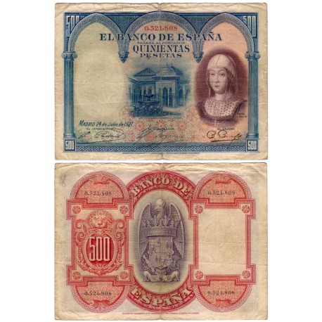 España. 1927. 500 Pesetas (BC) Sin Serie. Roturas en márgenes en doblez central