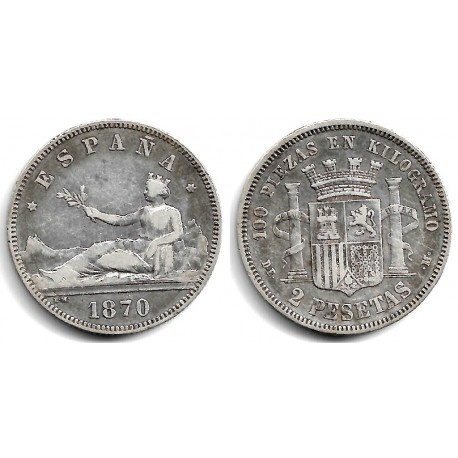 Gobierno Provisional. 1870*(18-75). 2 Pesetas (BC/BC+) (Plata) Ceca de Madrid DE-M