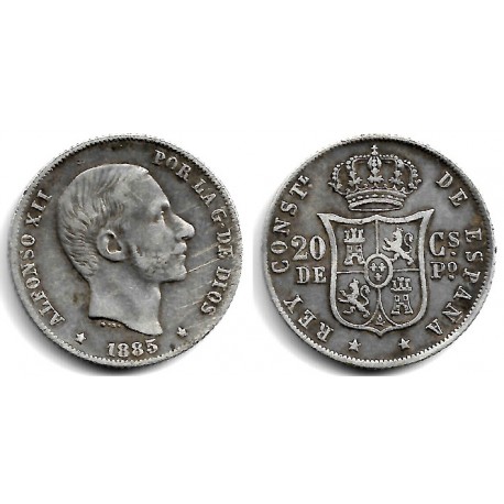 Alfonso XII. 1885. 20 Centavos de Peso (MBC/MBC-) (Plata) Ceca de Manila