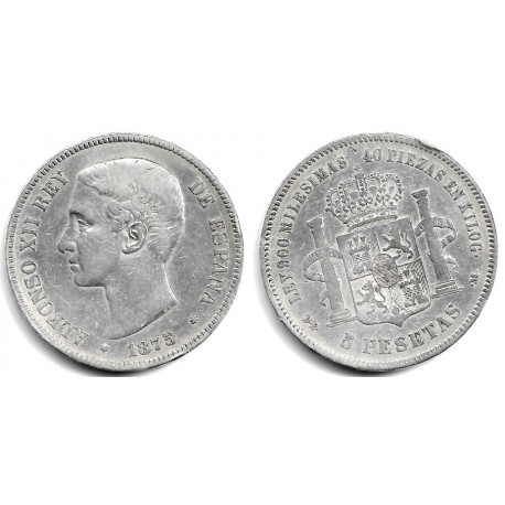 Alfonso XII. 1875*(---75). 5 Pesetas (BC) (Plata) Ceca de Madrid DE-M