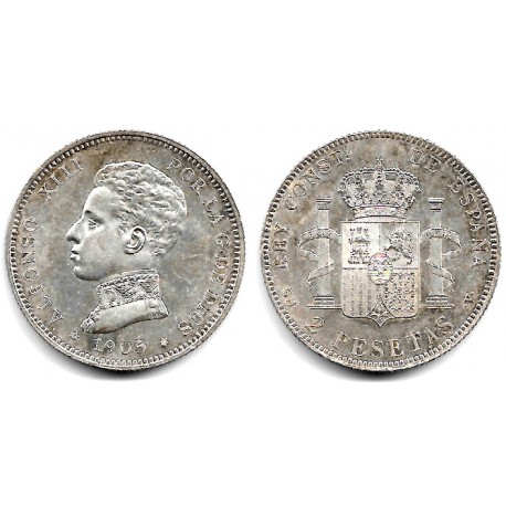 Alfonso XIII. 1905*(19-05). 2 Pesetas (EBC/EBC-) (Plata) Ceca de Madrid SM-V