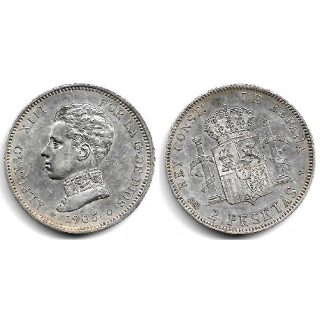 Alfonso XIII. 1905*(19-05). 2 Pesetas (MBC) (Plata) Ceca de Madrid SM-V