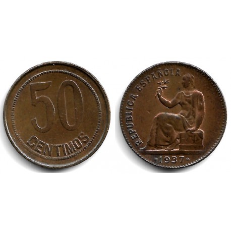 España (II República). 1937*(--6). 50 Céntimos (EBC) Variante: Orla de Puntos a Cuadros