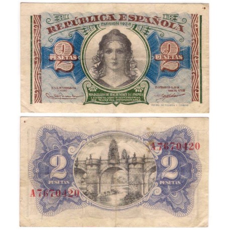 España (II República). 1938. 2 Pesetas (MBC-) Serie A