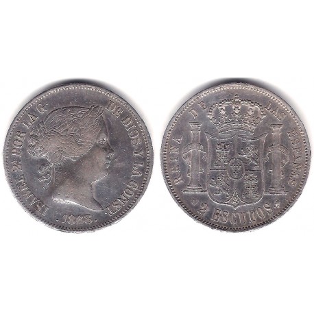 Isabel II. 1868*(18---). 2 Escudos (MBC/MBC+) (Plata) Ceca de Madrid