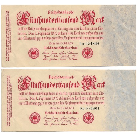 (92) Imperio Alemán (Weimar). 1923. 500000 Mark (EBC) Pareja Correlativa