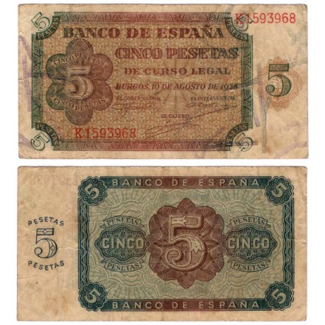 Estado Español. 1938. 5 Pesetas (BC/BC+) Serie K