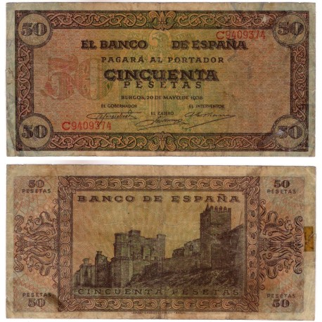 Estado Español. 1938. 50 Pesetas (BC) Serie C. Leves roturas y restos de adhesivo