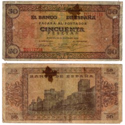 Estado Español. 1938. 50 Pesetas (RC/RC+) Serie D. Roturas y Mancha