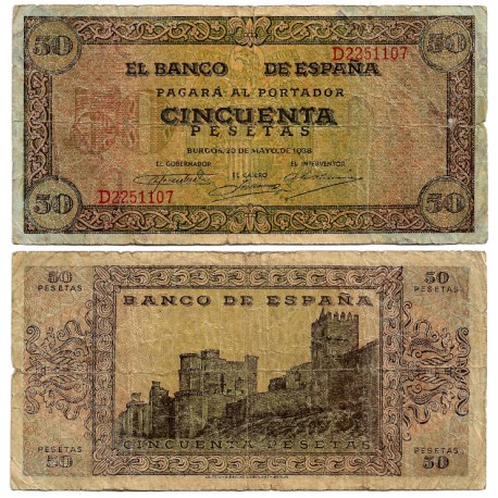 Estado Español. 1938. 50 Pesetas (BC+) Roturas en márgenes