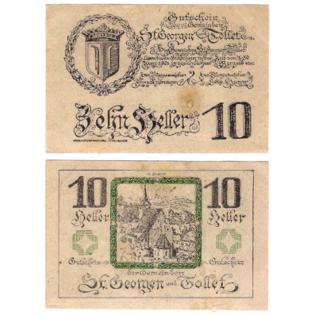 St. Georgen und Tollet (Alta Austria). 1920. 10 Heller (MBC) Restos de ahesivo de papel