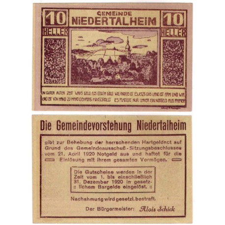 Niedertalheim (Alta Austria). 1920. 10 Heller (EBC+)